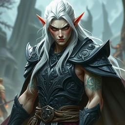 A male elf character representing the battle warlock class, depicted in a serious battle stance