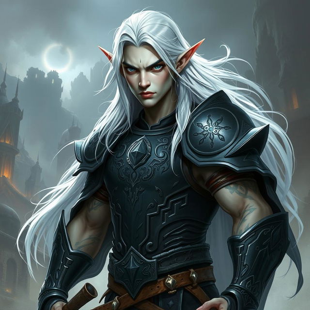 A male elf character representing the battle warlock class, depicted in a serious battle stance