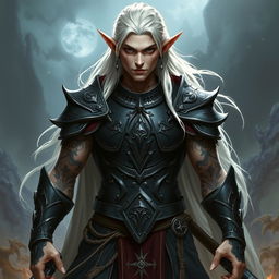 A male elf character representing the battle warlock class, depicted in a serious battle stance