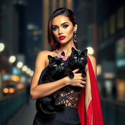 A stylish woman with a sleek black cat resembling Hello Kitty, dressed in an elegant Vogue-inspired outfit