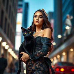 A stylish woman with a sleek black cat resembling Hello Kitty, dressed in an elegant Vogue-inspired outfit