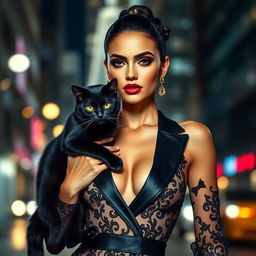 A stylish woman with a sleek black cat resembling Hello Kitty, dressed in an elegant Vogue-inspired outfit