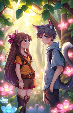 A vibrant fantasy scene depicting a teenage girl, with long flowing hair and wearing a colorful adventure outfit, standing next to a teenage boy with short hair who has cute cat ears and a fluffy tail