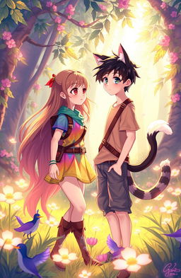 A vibrant fantasy scene depicting a teenage girl, with long flowing hair and wearing a colorful adventure outfit, standing next to a teenage boy with short hair who has cute cat ears and a fluffy tail