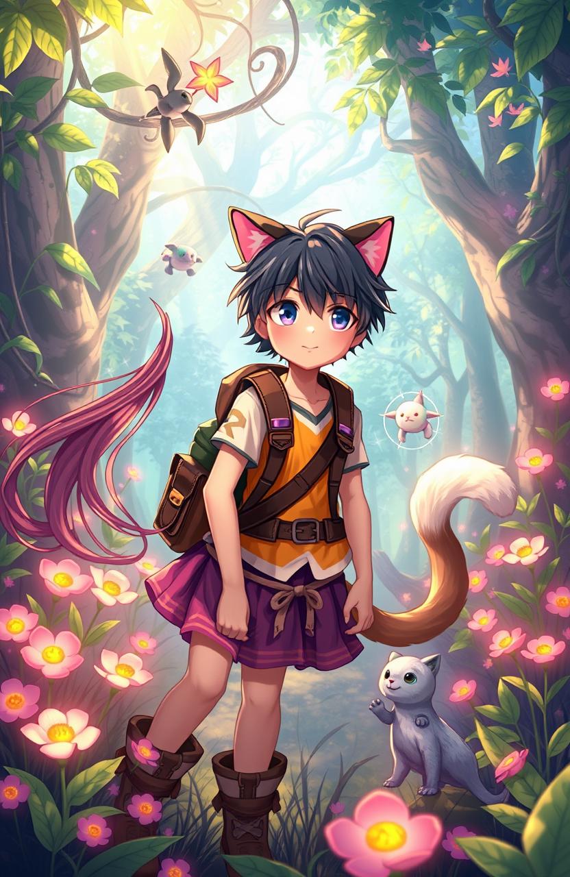 A vibrant fantasy scene depicting a teenage girl, with long flowing hair and wearing a colorful adventure outfit, standing next to a teenage boy with short hair who has cute cat ears and a fluffy tail