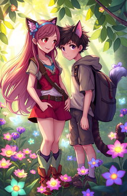 A vibrant fantasy scene depicting a teenage girl, with long flowing hair and wearing a colorful adventure outfit, standing next to a teenage boy with short hair who has cute cat ears and a fluffy tail