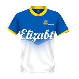 A stylish uniform t-shirt design for a school named Elizabeth, featuring a combination of white, blue, and yellow colors