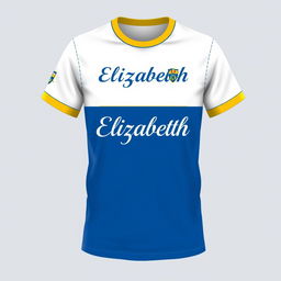 A stylish uniform t-shirt design for a school named Elizabeth, featuring a combination of white, blue, and yellow colors