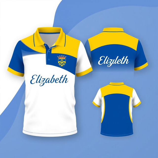 A stylish uniform t-shirt design for a school named Elizabeth, featuring a combination of white, blue, and yellow colors