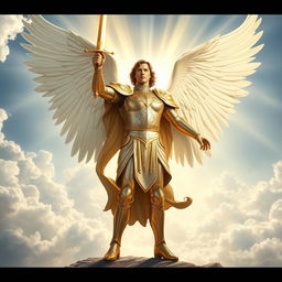 A majestic depiction of the Archangel Michael standing triumphantly in a celestial landscape