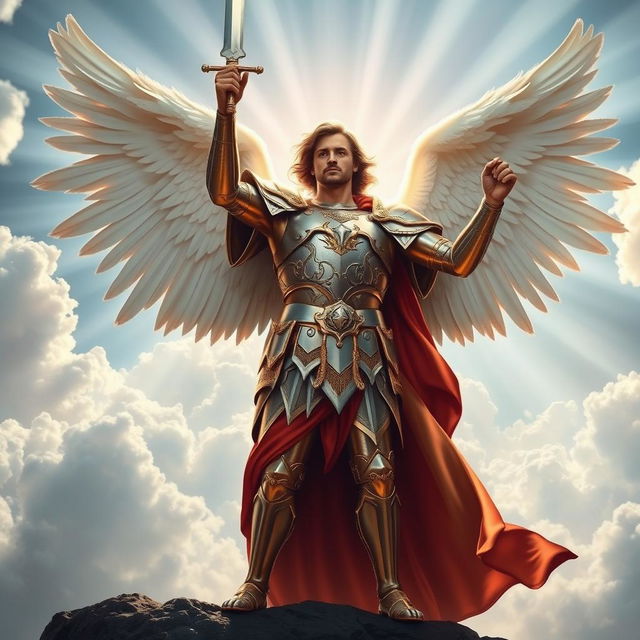 A majestic depiction of the Archangel Michael standing triumphantly in a celestial landscape