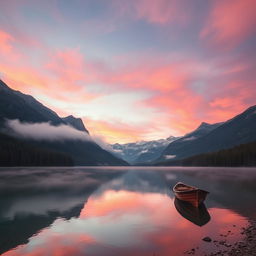 A stunning landscape photo depicting a serene lake at sunrise, surrounded by majestic mountains