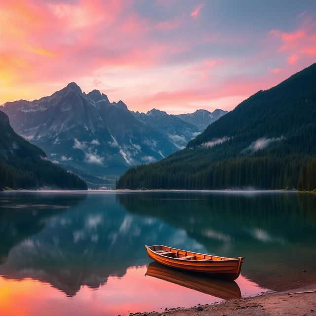 A stunning landscape photo depicting a serene lake at sunrise, surrounded by majestic mountains