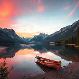 A stunning landscape photo depicting a serene lake at sunrise, surrounded by majestic mountains