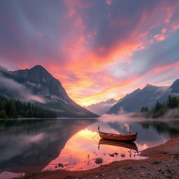 A stunning landscape photo depicting a serene lake at sunrise, surrounded by majestic mountains