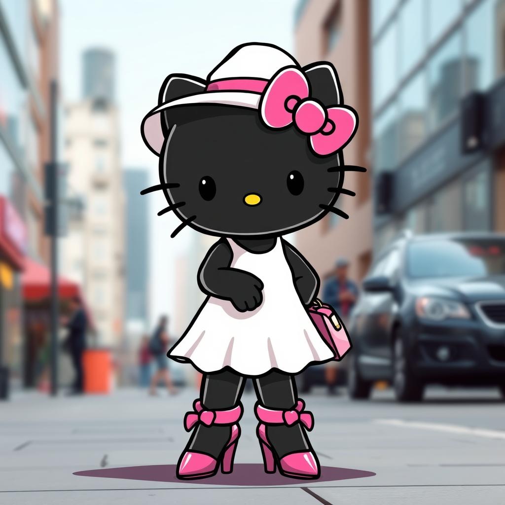 A stylish depiction of a black Hello Kitty character wearing a chic white Vogue dress complemented by a casual hat and pink high heels