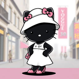 A stylish depiction of a black Hello Kitty character wearing a chic white Vogue dress complemented by a casual hat and pink high heels