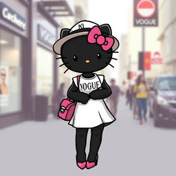A stylish depiction of a black Hello Kitty character wearing a chic white Vogue dress complemented by a casual hat and pink high heels