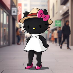 A stylish depiction of a black Hello Kitty character wearing a chic white Vogue dress complemented by a casual hat and pink high heels