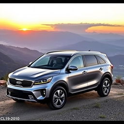 A sleek and modern Kia Sorento parked on a scenic overlook at sunset