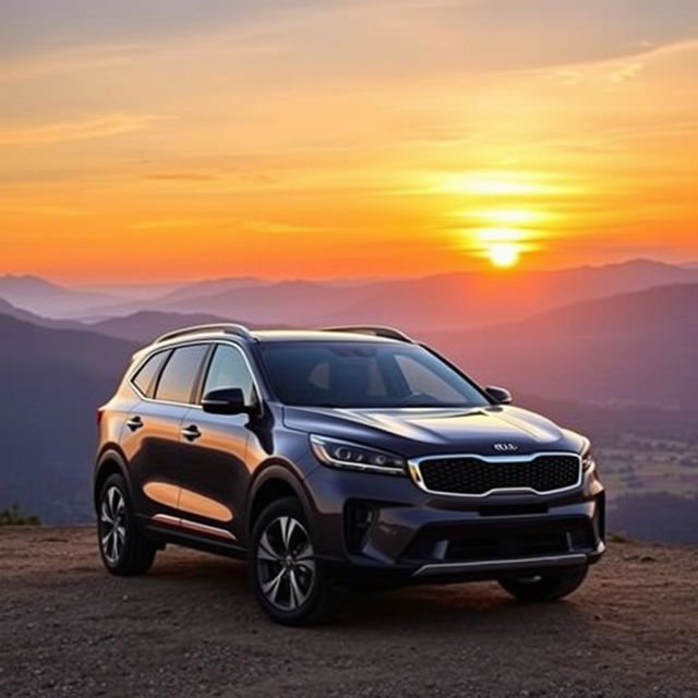 A sleek and modern Kia Sorento parked on a scenic overlook at sunset