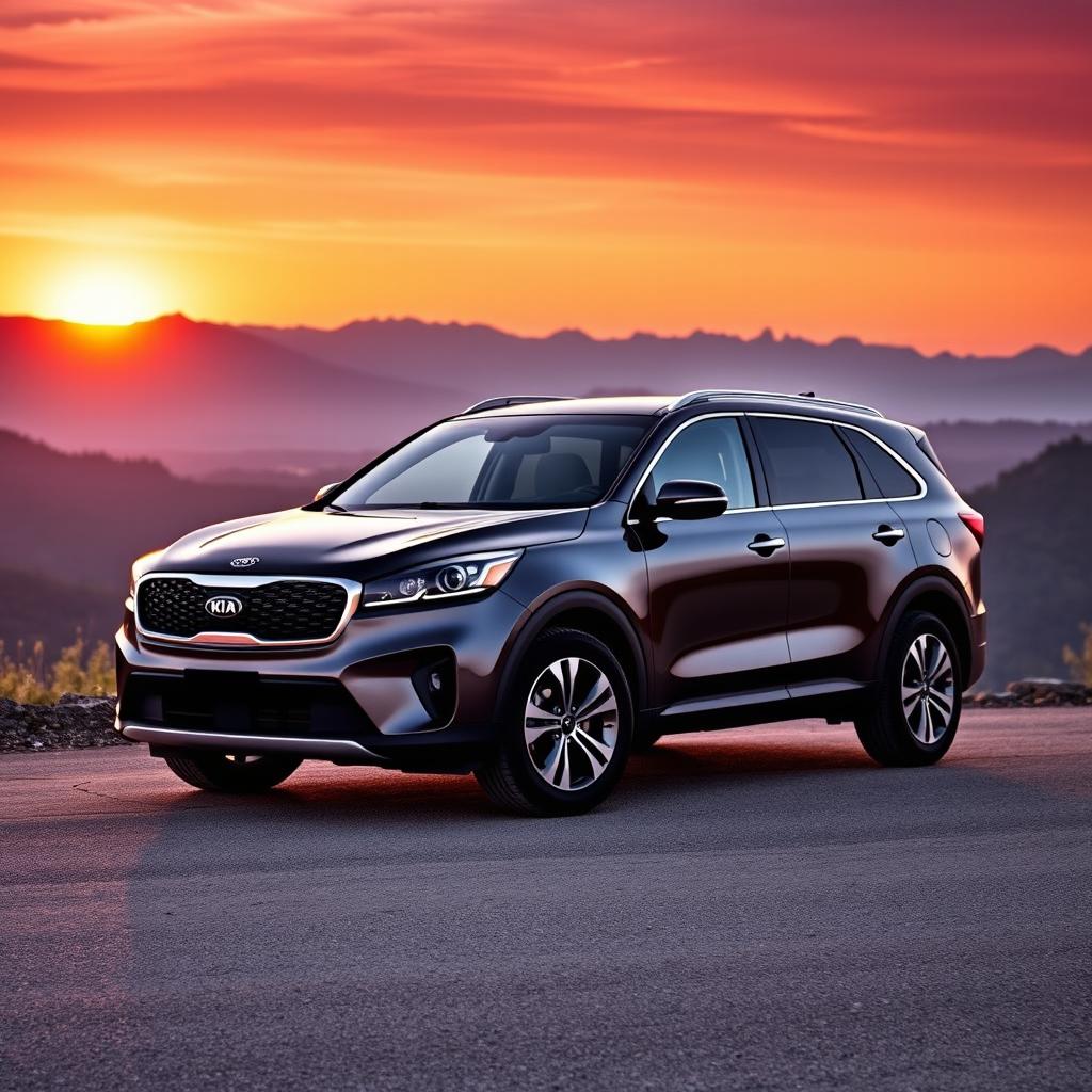 A sleek and modern Kia Sorento parked on a scenic overlook at sunset