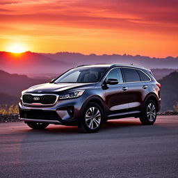 A sleek and modern Kia Sorento parked on a scenic overlook at sunset