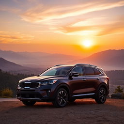 A sleek and modern Kia Sorento parked on a scenic overlook at sunset