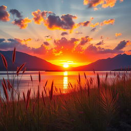 A stunning outdoor landscape featuring a vibrant sunset over a serene lake, with colorful reflections shimmering on the water