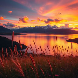 A stunning outdoor landscape featuring a vibrant sunset over a serene lake, with colorful reflections shimmering on the water