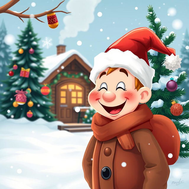 A cheerful winter scene featuring a jolly character, with rosy cheeks and a huge smile, wearing a red and white Christmas hat, also known as a Santa hat, atop their head