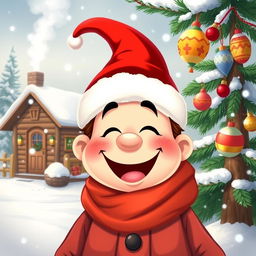 A cheerful winter scene featuring a jolly character, with rosy cheeks and a huge smile, wearing a red and white Christmas hat, also known as a Santa hat, atop their head