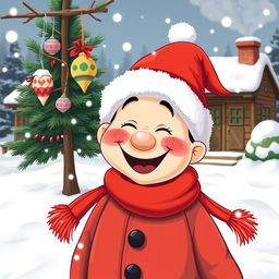 A cheerful winter scene featuring a jolly character, with rosy cheeks and a huge smile, wearing a red and white Christmas hat, also known as a Santa hat, atop their head