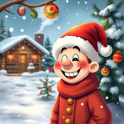 A cheerful winter scene featuring a jolly character, with rosy cheeks and a huge smile, wearing a red and white Christmas hat, also known as a Santa hat, atop their head