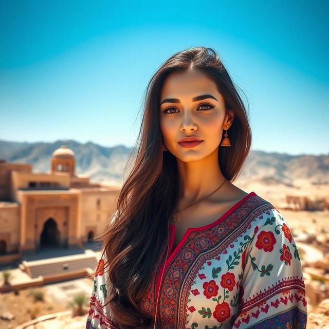 A beautiful woman of Middle Eastern descent wearing a traditional Yemeni attire (thobe), intricately designed with vibrant colors and detailed embroidery