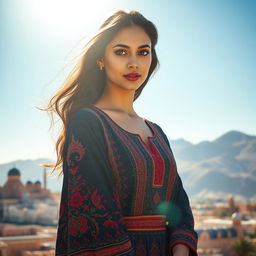 A beautiful woman of Middle Eastern descent wearing a traditional Yemeni attire (thobe), intricately designed with vibrant colors and detailed embroidery