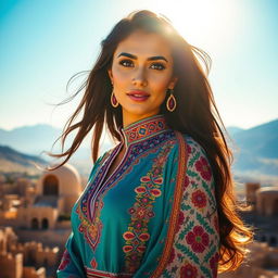 A beautiful woman of Middle Eastern descent wearing a traditional Yemeni attire (thobe), intricately designed with vibrant colors and detailed embroidery