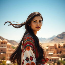 A beautiful woman of Middle Eastern descent wearing a traditional Yemeni attire (thobe), intricately designed with vibrant colors and detailed embroidery