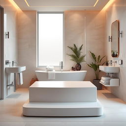 A beautifully designed interior bathroom scene featuring a sleek podium as the focal point