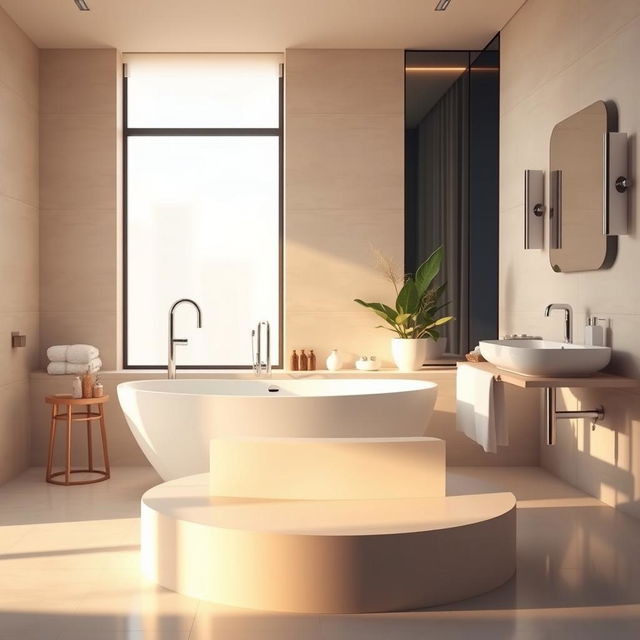 A beautifully designed interior bathroom scene featuring a sleek podium as the focal point