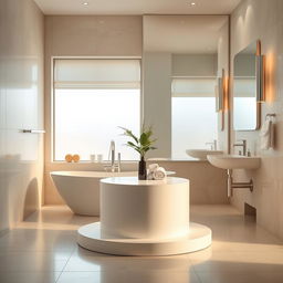 A beautifully designed interior bathroom scene featuring a sleek podium as the focal point