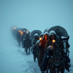 A caravan of horse-drawn wagons traversing through a massive blizzard, with low visibility