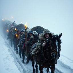 A caravan of horse-drawn wagons traversing through a massive blizzard, with low visibility