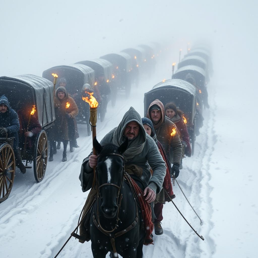 A caravan of horse-drawn wagons traversing through a massive blizzard, with low visibility
