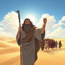 An inspiring illustration of Moses leading the Israelites through a vast desert landscape
