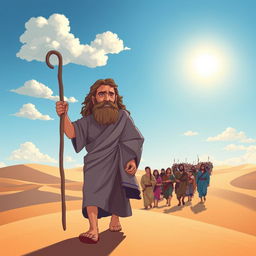 An inspiring illustration of Moses leading the Israelites through a vast desert landscape