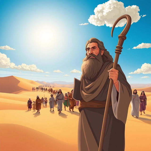 An inspiring illustration of Moses leading the Israelites through a vast desert landscape