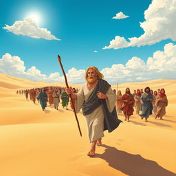 An inspiring illustration of Moses leading the Israelites through a vast desert landscape