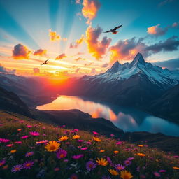 A majestic mountain landscape at sunrise, with vibrant colors illuminating the sky, fluffy clouds scattered throughout, and a crystal-clear lake reflecting the scenery