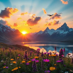 A majestic mountain landscape at sunrise, with vibrant colors illuminating the sky, fluffy clouds scattered throughout, and a crystal-clear lake reflecting the scenery